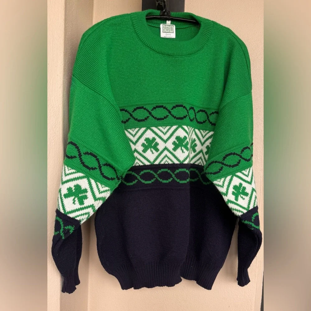 Vintage Emerald Sport Shamrock Celtic Pullover Knit Sweater Made In Ireland M